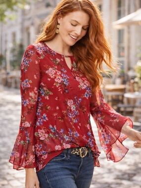 CAbi Devoted Blouse #3590 Red Floral Boho Top Sheer Bell Sleeve Romantic Sz S
